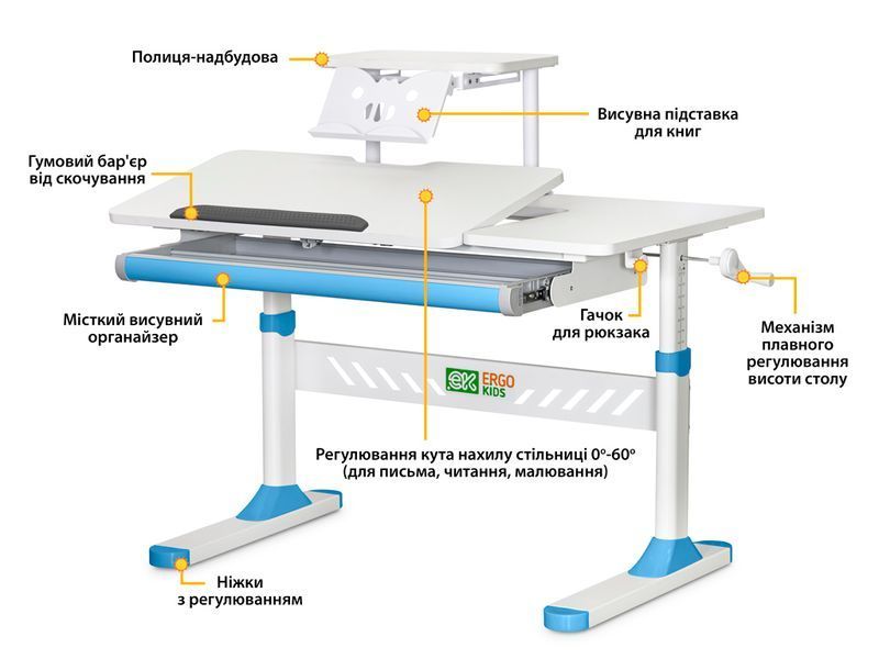 Дитячий стіл ErgoKids TH-310 з полицею S30 Blue TH-310 W/BL + BD-S30 BL фото